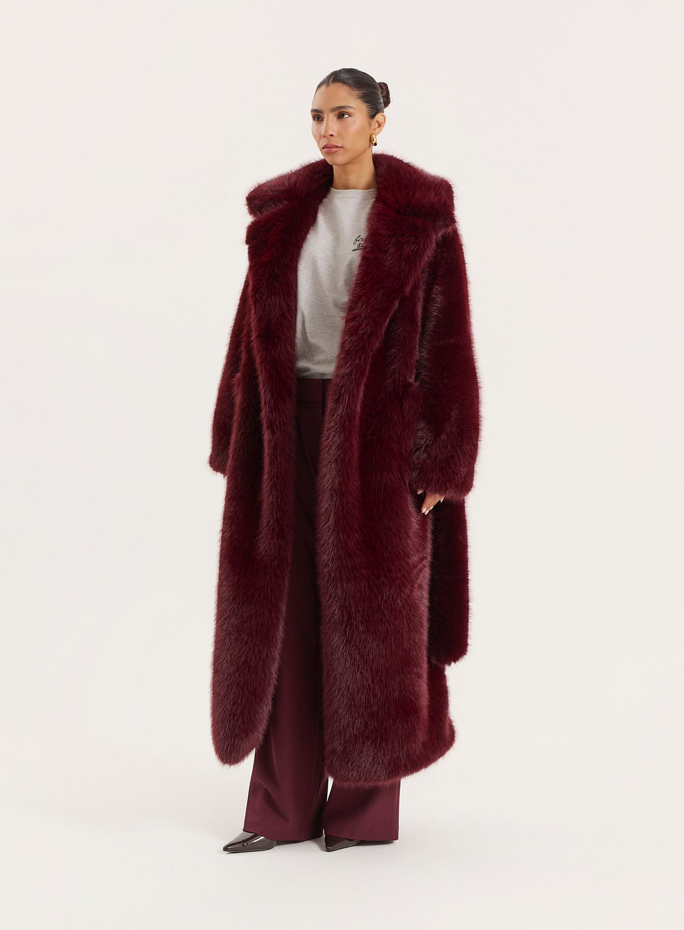 Burgundy Faux Fur Belted Longline Coat